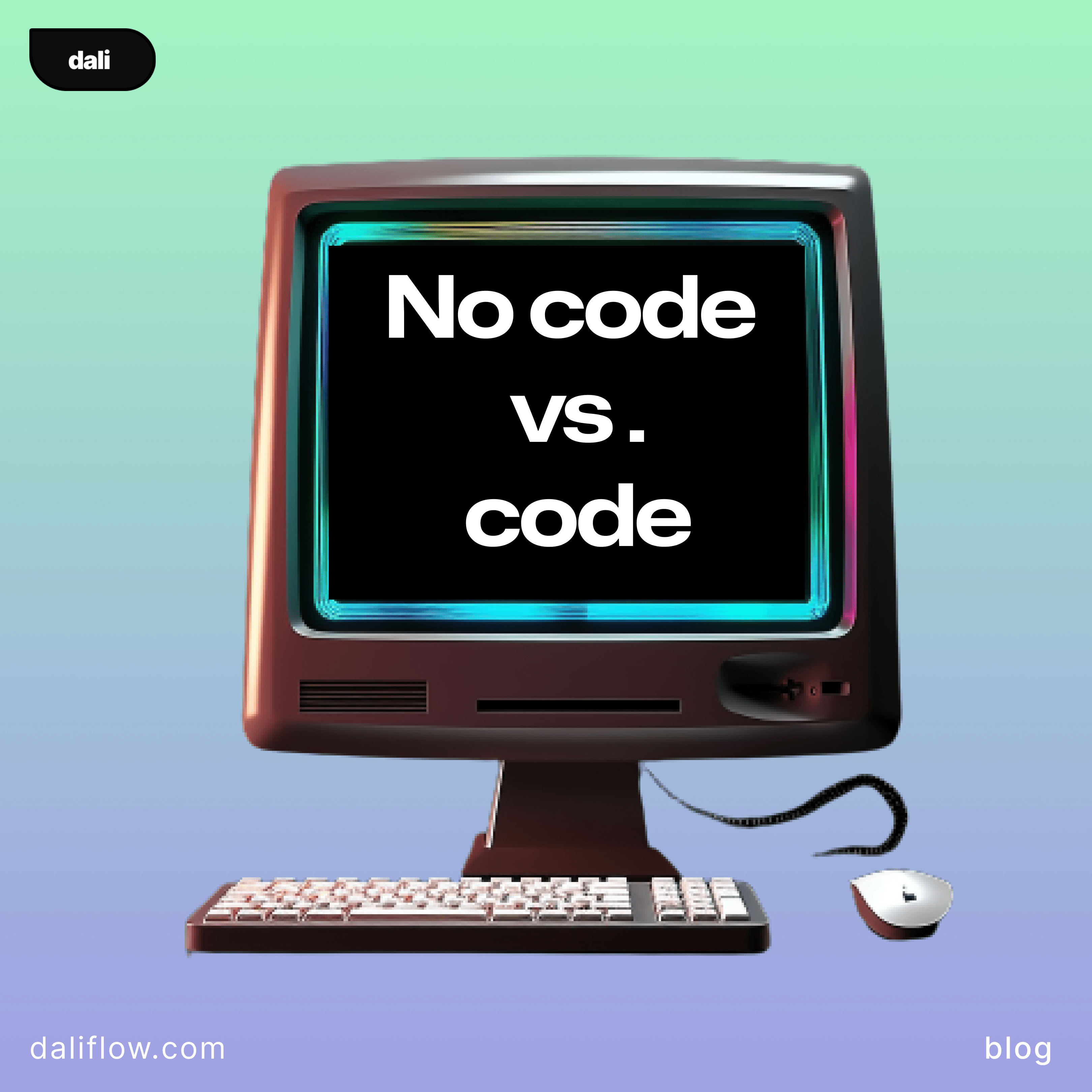 image of an old desktop computer displaying No code vs. code